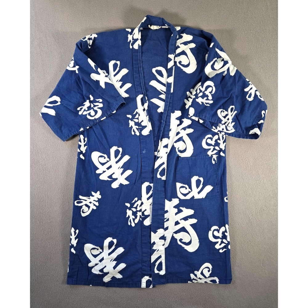 Vintage The Yukata Robe Mens Large Navy Japanese Kimono Short Sleeve Print